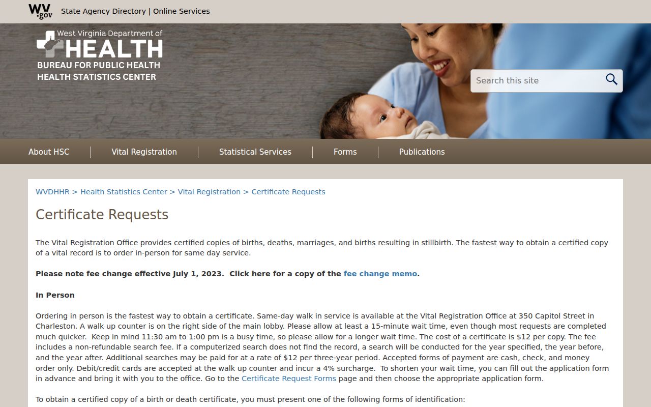 West Virginia certificate request information for family-history research on former owners
