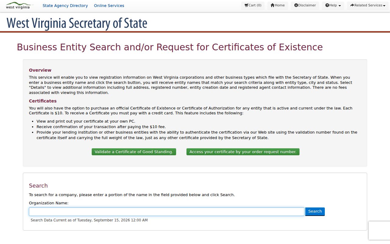 West Virginia entity search used to identify a Mason County property owner entity
